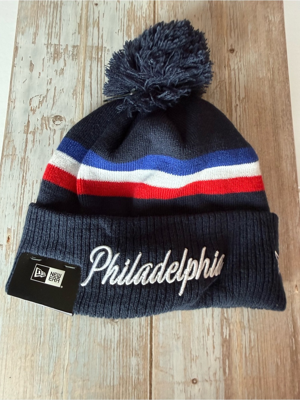 NWT New Era Philadelphia 76ers Beanie Hat - Navy with Red, White, Blue Stripes